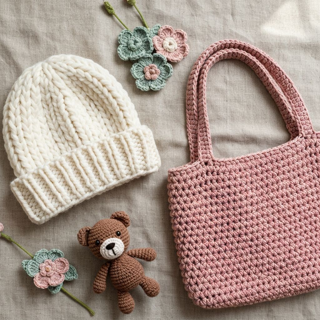 Assortment of handmade crochet items including a hat, bag, flowers and plushie